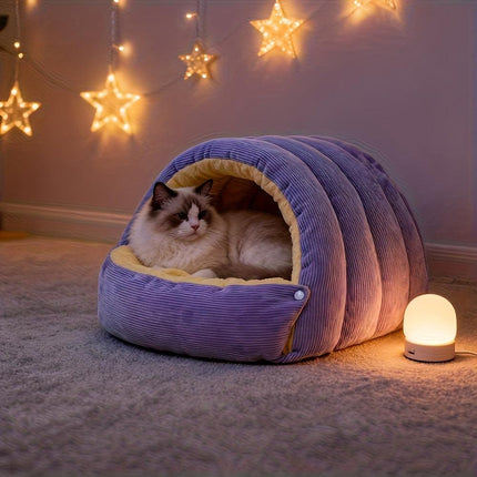 High-Elasticity Warm Cat Bed: 45×30×19cm Wrapped Design, Striped Fleece + Arctic Fleece Heat Retention, Removable & Washable（light purple）.