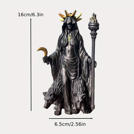 Dark Mystical Goddess Ornament — wearing a golden ray-like headdress, her face hidden beneath a dark robe, with a cross necklace adding to the mysterious aura. She holds a crescent moon prop in one hand and a flaming torch scepter tightly in the other..
