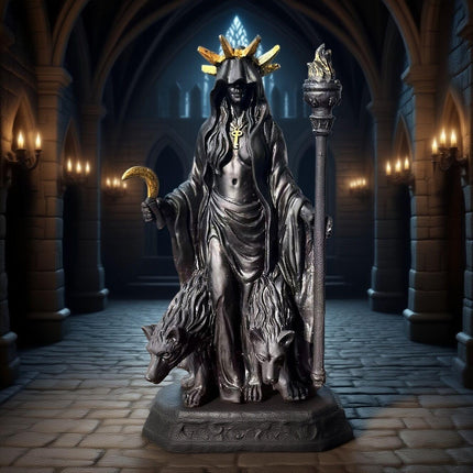 Dark Mystical Goddess Ornament — wearing a golden ray-like headdress, her face hidden beneath a dark robe, with a cross necklace adding to the mysterious aura. She holds a crescent moon prop in one hand and a flaming torch scepter tightly in the other..