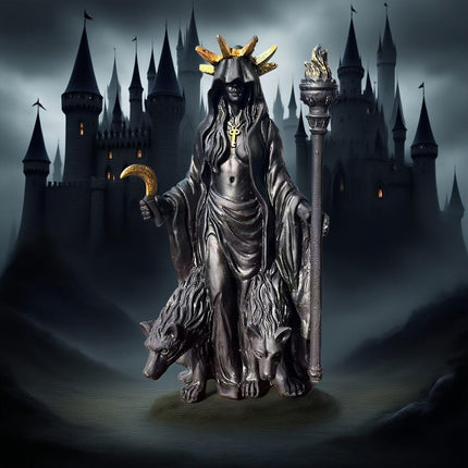 Dark Mystical Goddess Ornament — wearing a golden ray-like headdress, her face hidden beneath a dark robe, with a cross necklace adding to the mysterious aura. She holds a crescent moon prop in one hand and a flaming torch scepter tightly in the other..