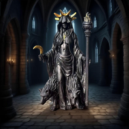 Dark Mystical Goddess Ornament — wearing a golden ray-like headdress, her face hidden beneath a dark robe, with a cross necklace adding to the mysterious aura. She holds a crescent moon prop in one hand and a flaming torch scepter tightly in the other..
