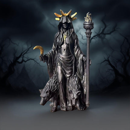 Dark Mystical Goddess Ornament — wearing a golden ray-like headdress, her face hidden beneath a dark robe, with a cross necklace adding to the mysterious aura. She holds a crescent moon prop in one hand and a flaming torch scepter tightly in the other..