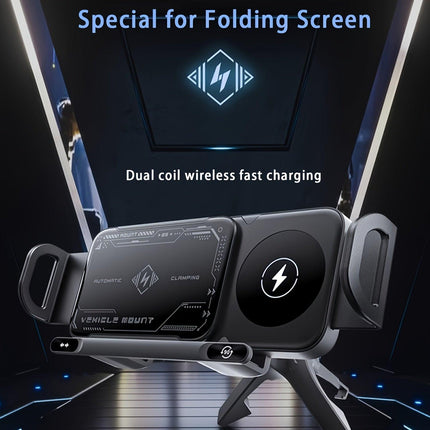 Smart Dual-Mode Rotating Stand: Foldable Design, Wireless Fast Charging, Anti-Shake, One-Touch Auto Rotation for Home, Office & Travel Use.