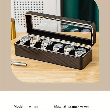 Luxury transparent-lid watch box with 6 fabric-lined compartments, portable and shockproof design, suitable for both men and women. Ideal for home, travel, or gifting—a refined storage solution for fine watches and jewelry. (White).