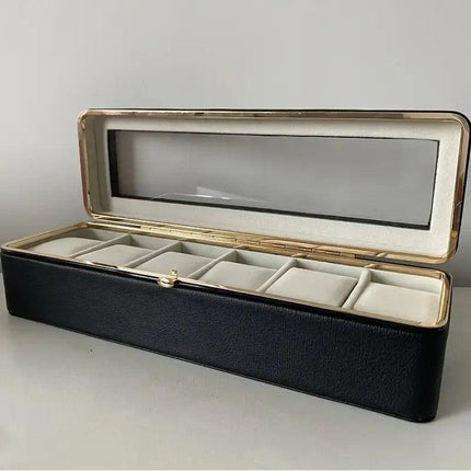 Luxury transparent-lid watch box with 6 fabric-lined compartments, portable and shockproof design, suitable for both men and women. Ideal for home, travel, or gifting—a refined storage solution for fine watches and jewelry. (White).