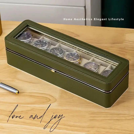 Luxury transparent-lid watch box with 6 fabric-lined compartments, portable and shockproof design, suitable for both men and women. Ideal for home, travel, or gifting—a refined storage solution for fine watches and jewelry. (White).