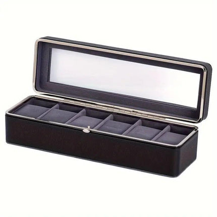 Luxury transparent-lid watch box with 6 fabric-lined compartments, portable and shockproof design, suitable for both men and women. Ideal for home, travel, or gifting—a refined storage solution for fine watches and jewelry. (Black).