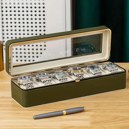Luxury transparent-lid watch box with 6 fabric-lined compartments, portable and shockproof design, suitable for both men and women. Ideal for home, travel, or gifting—a refined storage solution for fine watches and jewelry. (Black).
