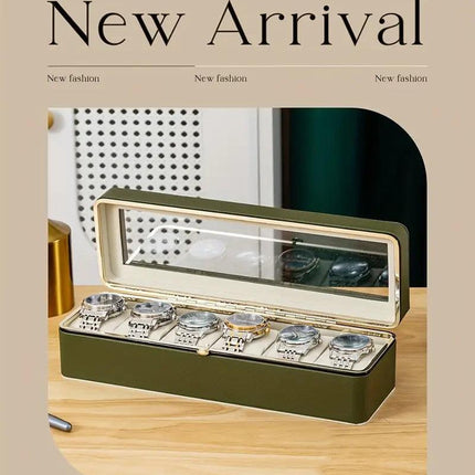 Luxury transparent-lid watch box with 6 fabric-lined compartments, portable and shockproof design, suitable for both men and women. Ideal for home, travel, or gifting—a refined storage solution for fine watches and jewelry. (Green).
