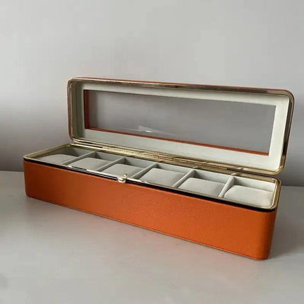Luxury transparent-lid watch box with 6 fabric-lined compartments, portable and shockproof design, suitable for both men and women. Ideal for home, travel, or gifting—a refined storage solution for fine watches and jewelry. (Green).