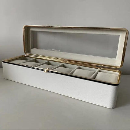 Luxury transparent-lid watch box with 6 fabric-lined compartments, portable and shockproof design, suitable for both men and women. Ideal for home, travel, or gifting—a refined storage solution for fine watches and jewelry. (Green).