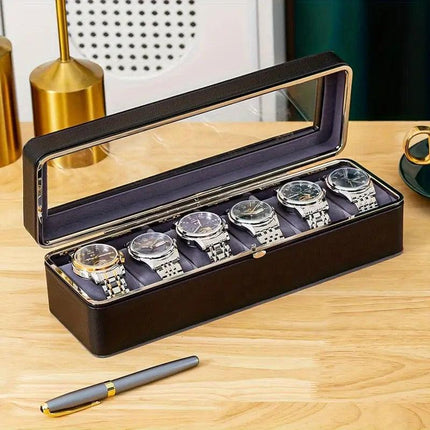 Luxury transparent-lid watch box with 6 fabric-lined compartments, portable and shockproof design, suitable for both men and women. Ideal for home, travel, or gifting—a refined storage solution for fine watches and jewelry. (Green).