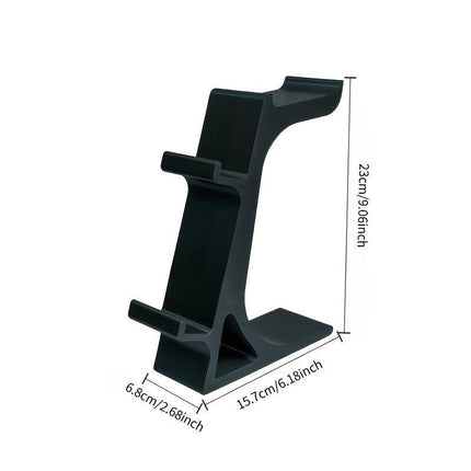 black 3-in-1 PS5 and Xbox Controller Stand – Compatible with PlayStation 5/Xbox Consoles. A gaming desktop organizer with a headphone hanger, non-charging base that holds 2 controllers and headphones. Space-saving white/black console accessory..