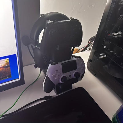 black 3-in-1 PS5 and Xbox Controller Stand – Compatible with PlayStation 5/Xbox Consoles. A gaming desktop organizer with a headphone hanger, non-charging base that holds 2 controllers and headphones. Space-saving white/black console accessory..