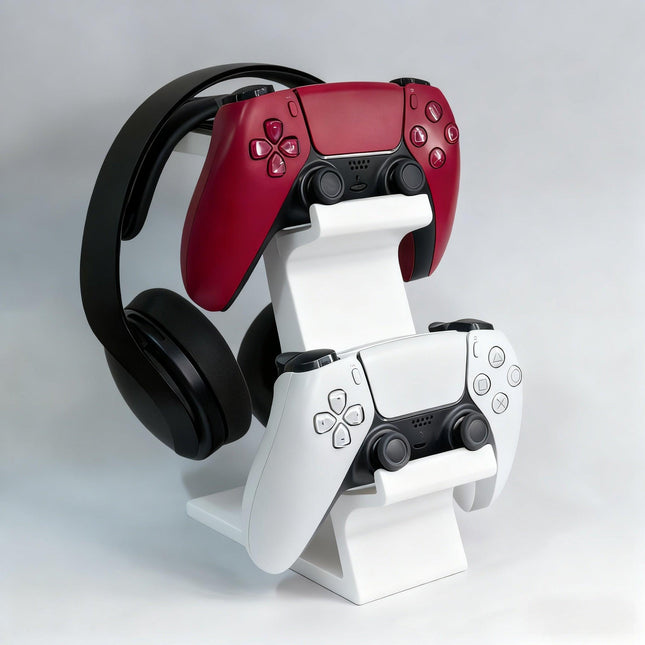 WHITE 3-in-1 PS5 and Xbox Controller Stand – Compatible with PlayStation 5/Xbox Consoles. A gaming desktop organizer with a headphone hanger, non-charging base that holds 2 controllers and headphones. Space-saving white/black console accessory..