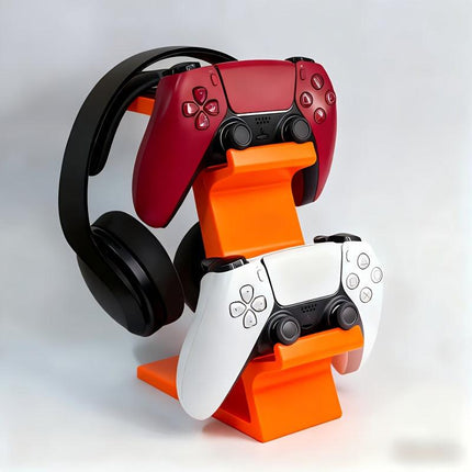 ORANGE 3-in-1 PS5 and Xbox Controller Stand – Compatible with PlayStation 5/Xbox Consoles. A gaming desktop organizer with a headphone hanger, non-charging base that holds 2 controllers and headphones. Space-saving white/black console accessory..