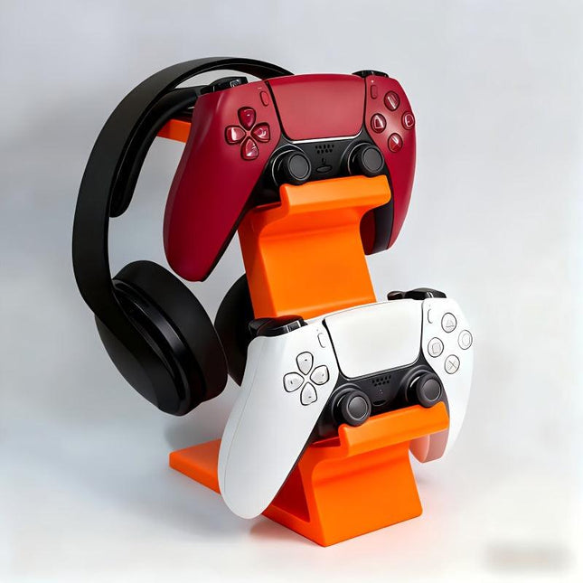 ORANGE 3-in-1 PS5 and Xbox Controller Stand – Compatible with PlayStation 5/Xbox Consoles. A gaming desktop organizer with a headphone hanger, non-charging base that holds 2 controllers and headphones. Space-saving white/black console accessory..