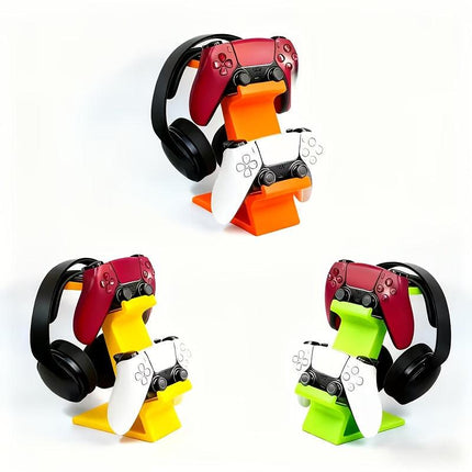 ORANGE 3-in-1 PS5 and Xbox Controller Stand – Compatible with PlayStation 5/Xbox Consoles. A gaming desktop organizer with a headphone hanger, non-charging base that holds 2 controllers and headphones. Space-saving white/black console accessory..
