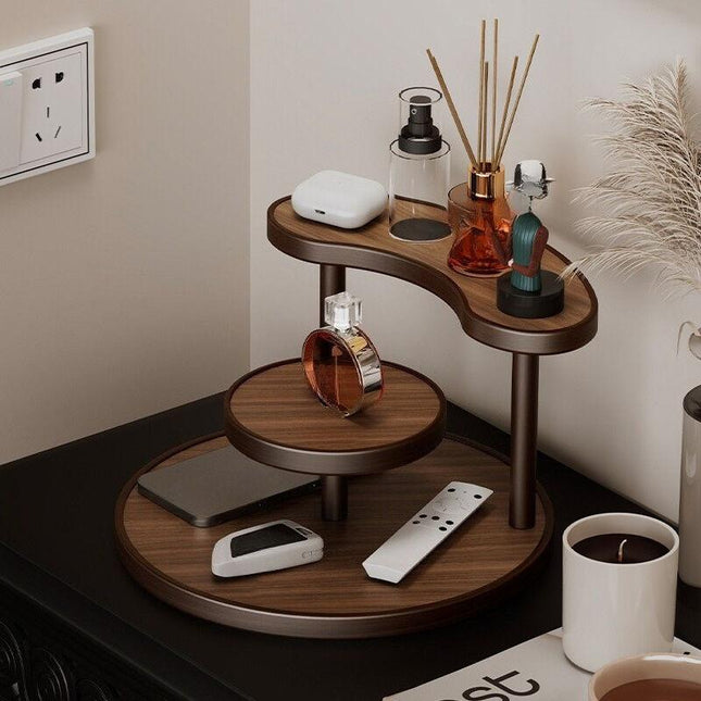 Three-tier Rotating Cosmetic Organizer, Wooden Bathroom Vanity Storage Rack, Suitable for Skincare Products, Perfumes, and Cosmetics — A Space-Saving Countertop Display Stand. Perfect for Placing on Coffee Tables, Office Desks,  （Walnut color regular styl.