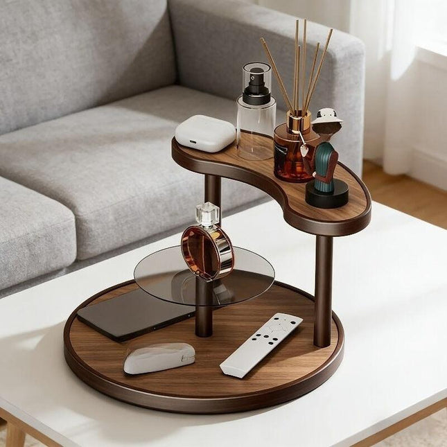 Three-tier Rotating Cosmetic Organizer, Wooden Bathroom Vanity Storage Rack, Suitable for Skincare Products, Perfumes, and Cosmetics — A Space-Saving Countertop Display Stand. Perfect for Placing on Coffee Tables, Office Desks,  （Walnut-colored acrylic v.