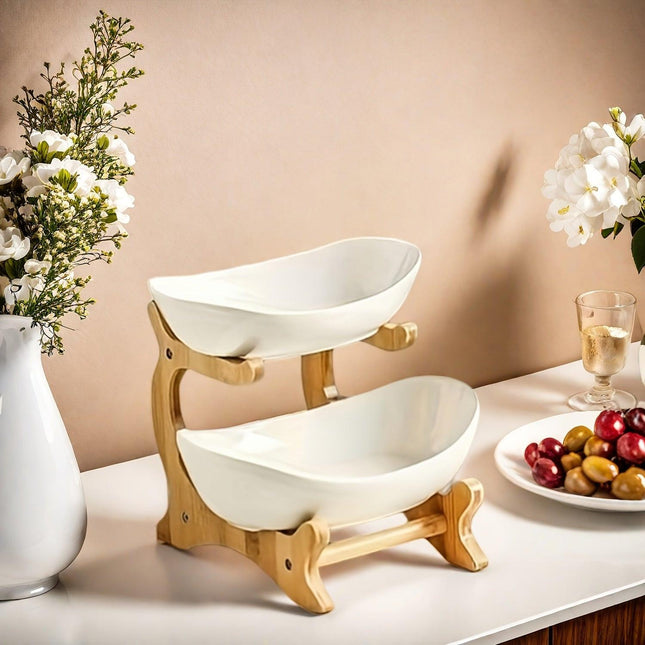 **Nordic-Style Two-Tier Extendable Fruit Tray | Creative Living Room Snack Stand, Adjustable Height, Anti-Slip Expandable Display Tray**(White).
