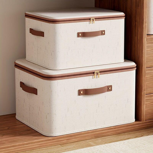 15L Double Zipper Storage Box with Faux Leather Handles | Large Capacity Lidded Basket, Perfect for Storing Clothes, Bedding, and Moving — Ideal for Bedrooms, Dorms, Studies, Wardrobes, Laundry Baskets, Shelf Bins, and Storage Racks..