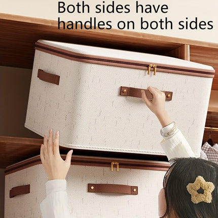 25L Double Zipper Storage Box with Faux Leather Handles | Large Capacity Lidded Basket, Perfect for Storing Clothes, Bedding, and Moving — Ideal for Bedrooms, Dorms, Studies, Wardrobes, Laundry Baskets, Shelf Bins, and Storage Racks..