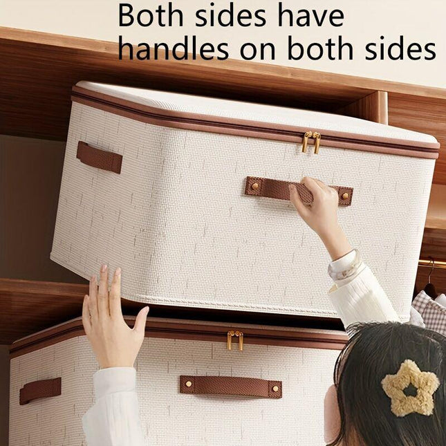 25L Double Zipper Storage Box with Faux Leather Handles | Large Capacity Lidded Basket, Perfect for Storing Clothes, Bedding, and Moving — Ideal for Bedrooms, Dorms, Studies, Wardrobes, Laundry Baskets, Shelf Bins, and Storage Racks..