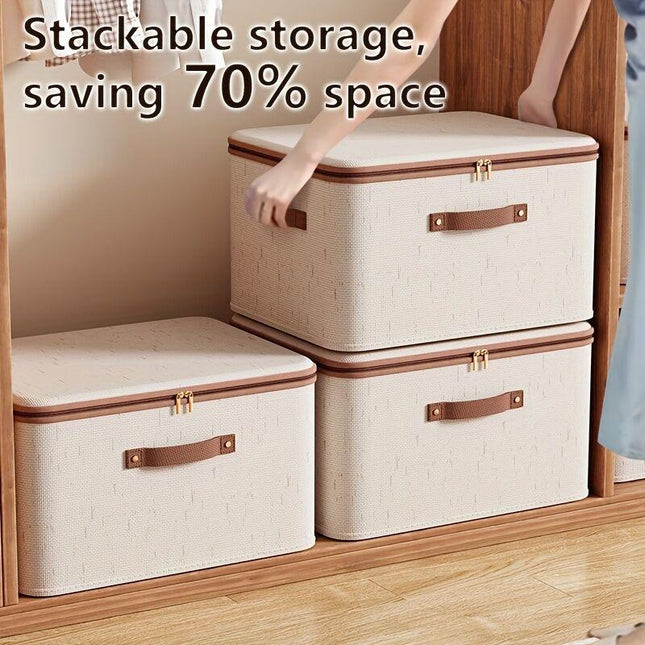 42L Double Zipper Storage Box with Faux Leather Handles | Large Capacity Lidded Basket, Perfect for Storing Clothes, Bedding, and Moving — Ideal for Bedrooms, Dorms, Studies, Wardrobes, Laundry Baskets, Shelf Bins, and Storage Racks..