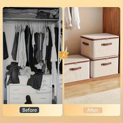 42L Double Zipper Storage Box with Faux Leather Handles | Large Capacity Lidded Basket, Perfect for Storing Clothes, Bedding, and Moving — Ideal for Bedrooms, Dorms, Studies, Wardrobes, Laundry Baskets, Shelf Bins, and Storage Racks..