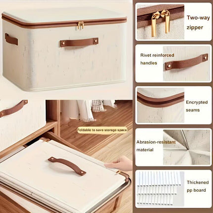42L Double Zipper Storage Box with Faux Leather Handles | Large Capacity Lidded Basket, Perfect for Storing Clothes, Bedding, and Moving — Ideal for Bedrooms, Dorms, Studies, Wardrobes, Laundry Baskets, Shelf Bins, and Storage Racks..