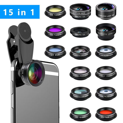 15-in-1 kit with multiple special effects functions, compatible with iPhone and Android smartphones. Includes: 198 fisheye, 0.63x wide angle, 15x macro, 2x telephoto, CPL polarizer, kaleidoscope lens, star filter, mist filter, radial filter.