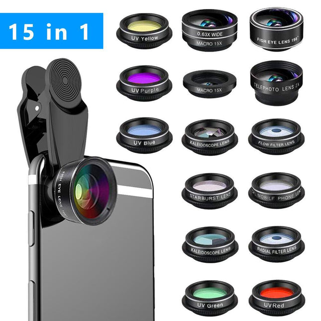 15-in-1 kit with multiple special effects functions, compatible with iPhone and Android smartphones. Includes: 198 fisheye, 0.63x wide angle, 15x macro, 2x telephoto, CPL polarizer, kaleidoscope lens, star filter, mist filter, radial filter.