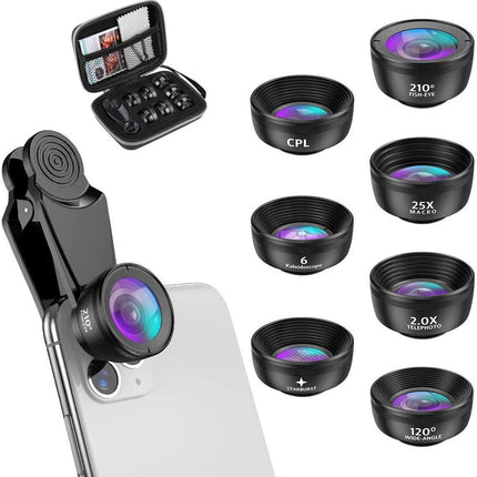 15-in-1 kit with multiple special effects functions, compatible with iPhone and Android smartphones. Includes: 198 fisheye, 0.63x wide angle, 15x macro, 2x telephoto, CPL polarizer, kaleidoscope lens, star filter, mist filter, radial filter.
