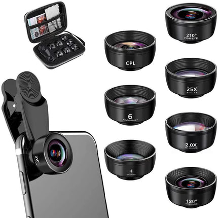 15-in-1 kit with multiple special effects functions, compatible with iPhone and Android smartphones. Includes: 198 fisheye, 0.63x wide angle, 15x macro, 2x telephoto, CPL polarizer, kaleidoscope lens, star filter, mist filter, radial filter.