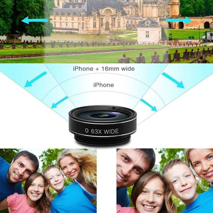 15-in-1 kit with multiple special effects functions, compatible with iPhone and Android smartphones. Includes: 198 fisheye, 0.63x wide angle, 15x macro, 2x telephoto, CPL polarizer, kaleidoscope lens, star filter, mist filter, radial filter.