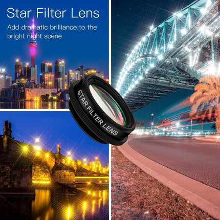 15-in-1 kit with multiple special effects functions, compatible with iPhone and Android smartphones. Includes: 198 fisheye, 0.63x wide angle, 15x macro, 2x telephoto, CPL polarizer, kaleidoscope lens, star filter, mist filter, radial filter.