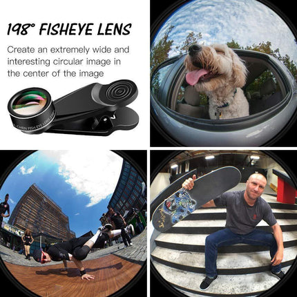 15-in-1 kit with multiple special effects functions, compatible with iPhone and Android smartphones. Includes: 198 fisheye, 0.63x wide angle, 15x macro, 2x telephoto, CPL polarizer, kaleidoscope lens, star filter, mist filter, radial filter.
