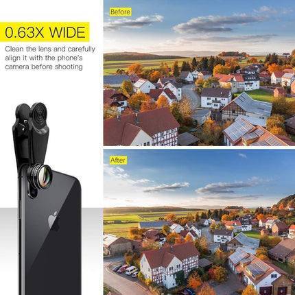 15-in-1 kit with multiple special effects functions, compatible with iPhone and Android smartphones. Includes: 198 fisheye, 0.63x wide angle, 15x macro, 2x telephoto, CPL polarizer, kaleidoscope lens, star filter, mist filter, radial filter.