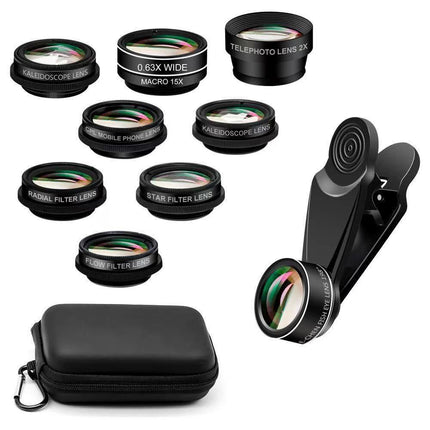 15-in-1 kit with multiple special effects functions, compatible with iPhone and Android smartphones. Includes: 198 fisheye, 0.63x wide angle, 15x macro, 2x telephoto, CPL polarizer, kaleidoscope lens, star filter, mist filter, radial filter.