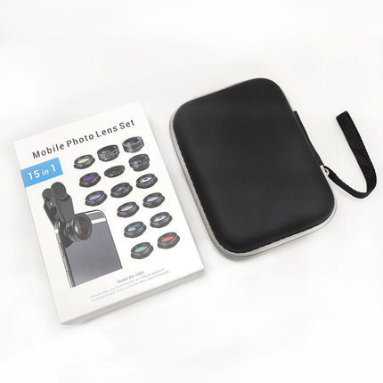 15-in-1 kit with multiple special effects functions, compatible with iPhone and Android smartphones. Includes: 198 fisheye, 0.63x wide angle, 15x macro, 2x telephoto, CPL polarizer, kaleidoscope lens, star filter, mist filter, radial filter.