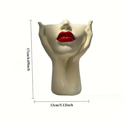Gazing Muse — "Hands-on Beauty" Resin Brush Holder with Sculpted Bust Design.1 Piece Elegant Resin Makeup Brush Holder with Red Lips Design - Lightweight Synthetic Cosmetics Organizer Box, Standalone Desktop Storage Case for Bathroom or Dressing Table.