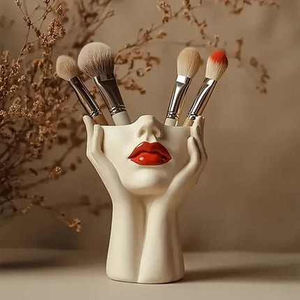 Lip's Whisper, Light's Embrace" — Sculptural Resin Vanity Brush Holder with Red Accent.1 Piece Elegant Resin Makeup Brush Holder with Red Lips Design - Lightweight Synthetic Cosmetics Organizer Box, Standalone Desktop Storage Case for Bathroom or Dressing.