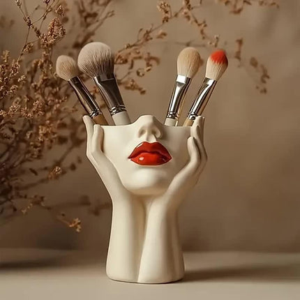 Lip's Whisper, Light's Embrace" — Sculptural Resin Vanity Brush Holder with Red Accent.1 Piece Elegant Resin Makeup Brush Holder with Red Lips Design - Lightweight Synthetic Cosmetics Organizer Box, Standalone Desktop Storage Case for Bathroom or Dressing.