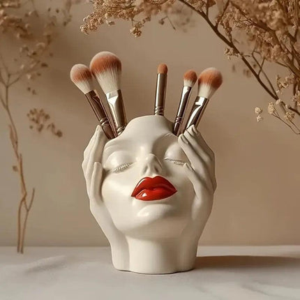 Lip's Whisper, Light's Embrace" — Sculptural Resin Vanity Brush Holder with Red Accent.1 Piece Elegant Resin Makeup Brush Holder with Red Lips Design - Lightweight Synthetic Cosmetics Organizer Box, Standalone Desktop Storage Case for Bathroom or Dressing.