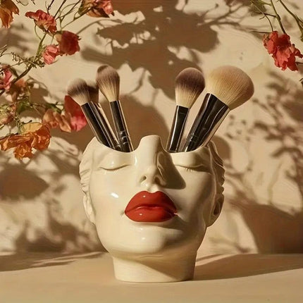 Lip's Whisper, Light's Embrace" — Sculptural Resin Vanity Brush Holder with Red Accent.1 Piece Elegant Resin Makeup Brush Holder with Red Lips Design - Lightweight Synthetic Cosmetics Organizer Box, Standalone Desktop Storage Case for Bathroom or Dressing.