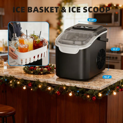 WHITE Desktop Ice Maker, Produces Ice in 6 Minutes with a Capacity of 26 Pounds, Energy-Saving 30% and Operating Noise Below 40 Decibels, Portable Ice Maker with Built-in Ice Basket, Suitable for Home and Camping..