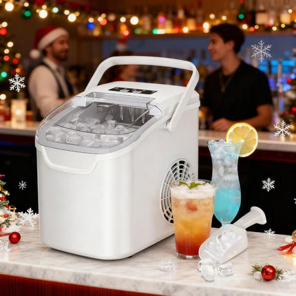 WHITE Desktop Ice Maker, Produces Ice in 6 Minutes with a Capacity of 26 Pounds, Energy-Saving 30% and Operating Noise Below 40 Decibels, Portable Ice Maker with Built-in Ice Basket, Suitable for Home and Camping..