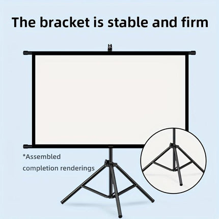 60in Portable and mobile projection screen with tripod stand, 16:9 HD format, suitable for home theater and indoor wall mounting. Made of polyester fabric, easy to set up and use. Ideal for office presentations and home entertainment, ready to use right o.