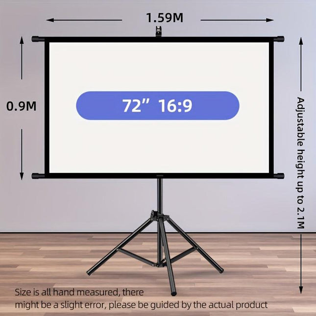 72in Portable and mobile projection screen with tripod stand, 16:9 HD format, suitable for home theater and indoor wall mounting. Made of polyester fabric, easy to set up and use. Ideal for office presentations and home entertainment, ready to use right o.